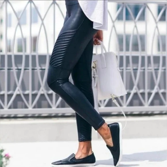 Spanx Faux Leather Moto Leggings Sz L - Picture 1 of 12